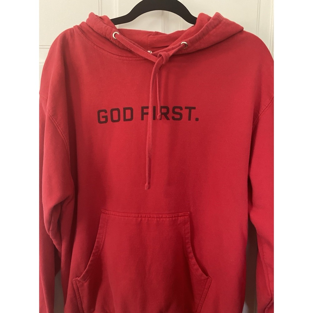 Independent Trading Company "God First" Red Hoodie SZ LRG Church Drawstring - Picture 2 of 11